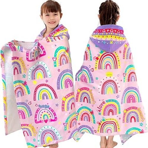 VOOVA & MOVAS Hooded Towels for Kid 3-8Years, 30''X50, Soft | Thick | 100% Cotton | Absorbent Towel Wrap for Girls, Perfect for Toddler Beach, Pool, Bath, Swimming,Rainbow