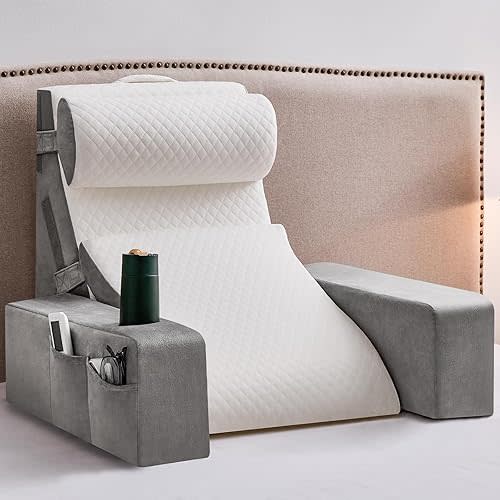Reading Pillow for Sitting in Bed Adult, Back Pillow for Bed Sitting up with Arms, Pockets and Cup holder, Sit Up Backrest Pillows for Beds Chair Support, Rest Pillow for Gaming (Light gray, 5PCS)
