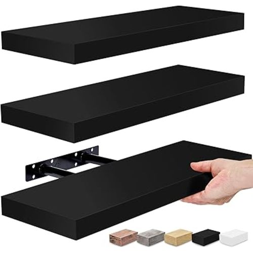 Sorbus Floating Shelves for Wall, Bathroom Shelves Wall Mounted for Kitchen, Bedroom, Bathroom Storage Over Toilet, Hanging Book Shelf for Wall Home Decor Living Room (Black, 3 Pack)