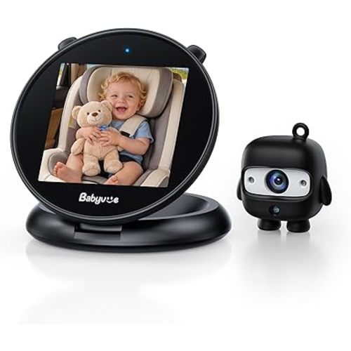 Babyvue Q1 Baby Car Camera for Rear Facing Baby, Minimalist Foldable Screen, Auto-Brightness, 360° Rotating Base, No-Glow Night Vision, 3X Zoom, 1080P HD Baby Car Monitor, No WiFi, Easy USB Setup