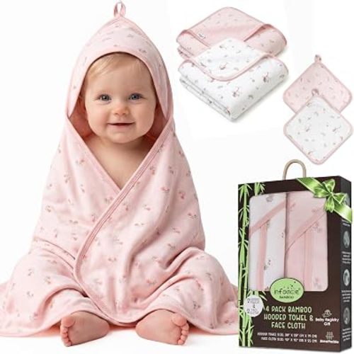 Bamboo Viscose Rich 2 Hooded Baby Towels & 2 Washcloths | Oeko-TEX Certified, Bath & Hooded Towels, Bath Towel, Baby Washcloth, Floral & Blush Pink, Unisex Design, Soft plush feel