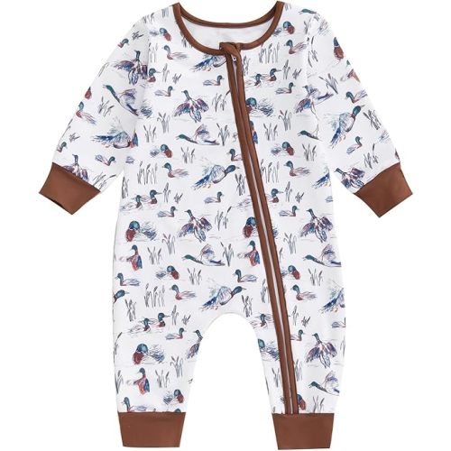 Biayxms Infant Baby Boy Girl Mallard Duck Romper Jumpsuit Long Sleeve Zip Up Duck One Piece Overalls Hunting Baby Clothes
