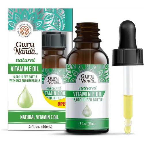 GuruNanda Vitamin E Oil (2 Fl Oz) - 100% Pure & Natural, 15,000 IU per Bottle for Skin, Hair, Face, Nails & Scars - With Coconut Oil to Help Nourish & Moisture - Non-GMO, Vegan & No Soybean