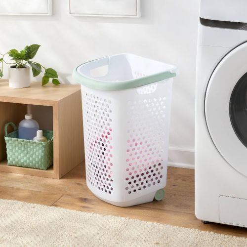 BR Rolling Hamper White with Daydream Green Handles - Brightroom™