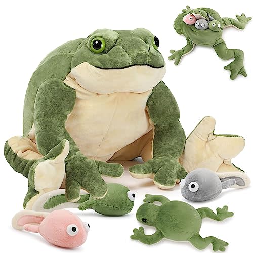 Tezituor 20.5" Mommy Frog Plush with 4 Babies, Cute Frog Stuffed Animal Set | Hidden Babies Surprise,Multiple Frog & tadpole Designs,Realistic,Soft Huggable Pillow,Interactive Family Play,Gifts for Kids