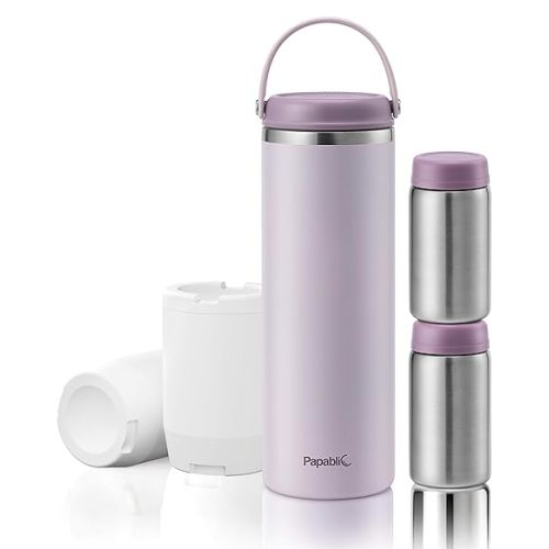 Papablic 360° CapsuleChill Breastmilk Cooler for 36H Safe Storage, Stress-Free Portable Breast Milk Chiller for Working Mom, 20oz Travel Cooler with 2pcs Stainless Steel Baby Bottles, Purple