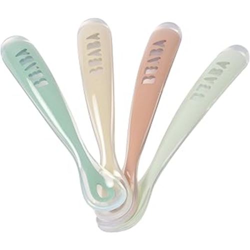 BEABA Baby's First Foods Spoon Set, Original Silicone Baby Spoons, Pack of 4 Baby Gift Set, BPA Lead & Phthalate Free, (Sage)
