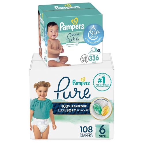Pampers Pure Protection Disposable Baby Diapers Size 6, 108 Count with Aqua Pure Baby Wipes, 6X Pop-Top Packs (336 Count)
