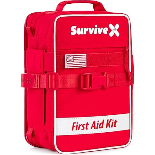 SurviveX Large First Aid Kit for Car, Travel & Home - Emergency Kit for Hiking, Camping, Backpacking and Outdoors - Includes Zip Stitch Wound Closure Strips