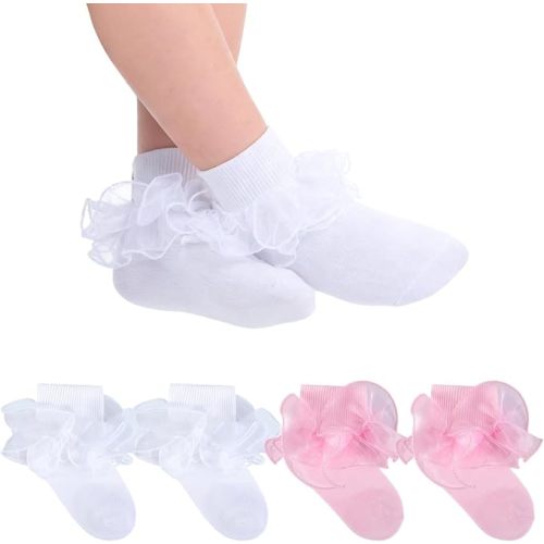 Baby Girls Ruffle Socks 2-Layer Lace Frilly Turn Cuff Fancy Dress Socks for Preemie Newborn Infant Toddler Girl Kids
