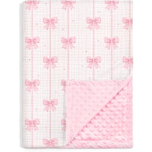 SANDJEST Pink Bow Minky Muslin & Dotted Blanket 30x40 in Gift for Holiday, Gender Reveal Party, Hospital Visit, Baptism