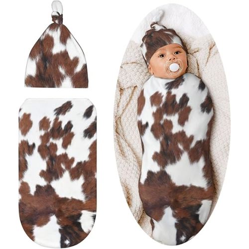 Brown Cow Print Baby Stuff Newborn Swaddle Blanket Highland Cowhide Print Western Soft and Stretchy with Beanie Hat for Girls and Boys Infant