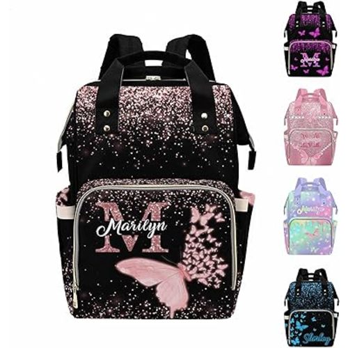 MyPupSocks Custom Diaper Bag with Butterfly Personalized Name Multifunctional Mommy Backpack for Daughter Granddaughter, Daypack Bag for Travel