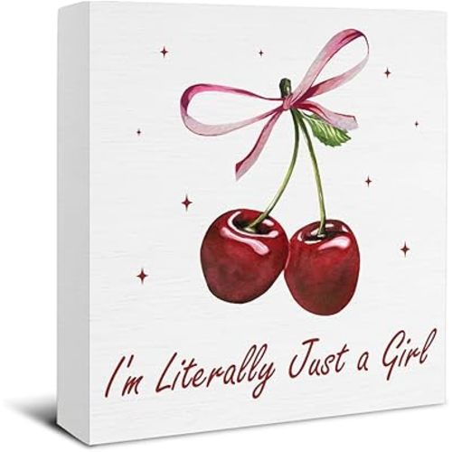 Cherry Decor - Bow Cherry Gifts - I'm Literally Just a Girl Wooden Sign Home Girls Bedroom Nursery Dorm Decoration - 5 x 5 Inches