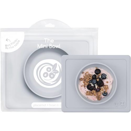 ezpz Mini Bowl (Pewter) - 12 Months+ - 100% Silicone Suction Placemat + Bowl for Toddlers - Comes with a Reusable Travel Bag
