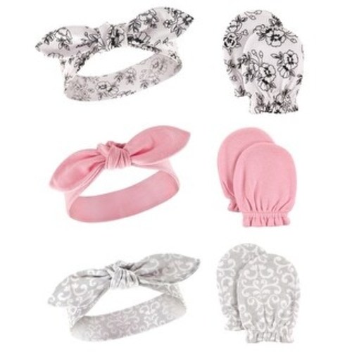 Hudson Baby Infant Girl Cotton Headband and Scratch Mitten 6pc Set, Toile, 0-6 Months - Toile