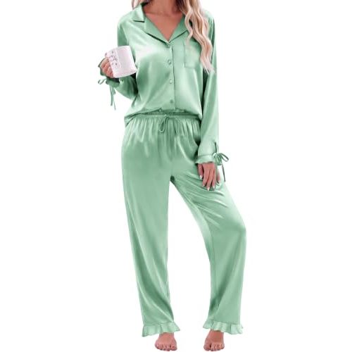 Ekouaer Satin Pajamas for Women Silky Long Sleeve Button Down Pajama Sets | 2 Piece Sleepwear Top with Ruffles and Ribbons & Pants with Pockets Soft Lounge set for Sleep, Daily Wear, Gift, Fall, Winter