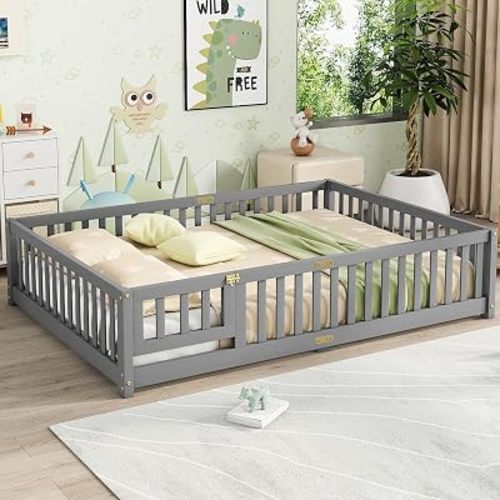 Full Size Floor Bed with Slats, Door and Guardrails, Kids Floor Bed, Gary