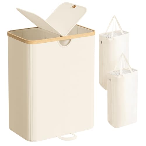 SONGMICS Laundry Hamper with Lids, Laundry Basket with 2 Compartments, 39 Gal. (150 L), Removable Liner Bag, for Laundry Room, Bedroom, Living Room, Cream White and Light Bamboo ULCB523W01