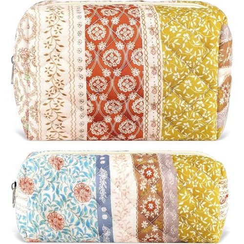 2Pcs Floral Makeup Bag for Women Cotton Quilted Coquette Cosmetic Bag Cute Zipper Mixed Flower Makeup Pouch Aesthetic Portable Pencil Pouch Travel Toiletry Bag Trendy Cloth Skincare Bag