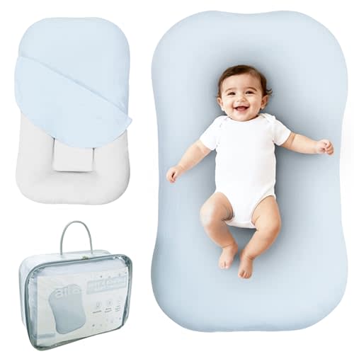 Aila + Aiden Baby Lounger | Organic Cotton Infant Lounger | Adjustable & Portable Floor Lounger | Supervised Use | Soft, Breathable, Washable Cover - Snuggle Collection - (Blue)
