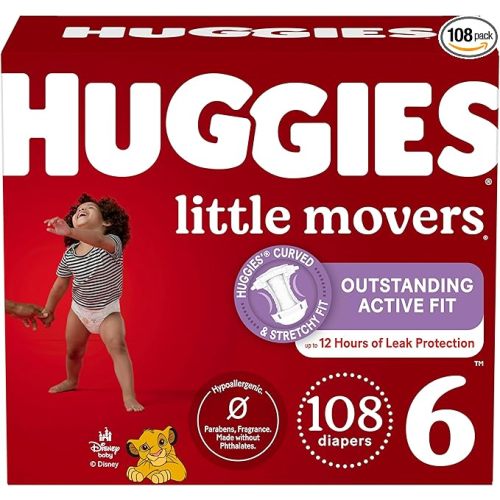 Huggies Size 6 Diapers, Little Movers Baby Diapers, Size 6 (35+ lbs), 108 Count (2 Packs of 54), Packaging May Vary