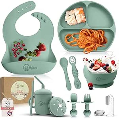 O'doe 11-Piece Baby Led Weaning Feeding Supplies for Toddlers, odoe Baby Feeding Set | Suction Silicone Baby Bowl Self Eating Utensils Set with Spoons, Bibs, Toddlers Spoon Set, Food Plate Kit | GREEN, V1