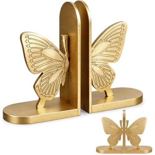Wooden Butterfly Bookends, Solid Wood, Gold Finish Book Ends, Pair