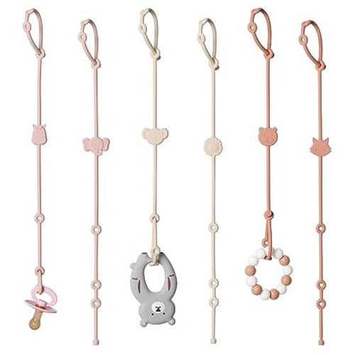 ROCCED Toy Straps for Baby 6pcs, Silicone High Chair Toys Straps Stroller Accessories Toddler Bottle Strap Car Seat Toys Baby Travel Essential Silicone Animal Design Blush+Ivory+TER