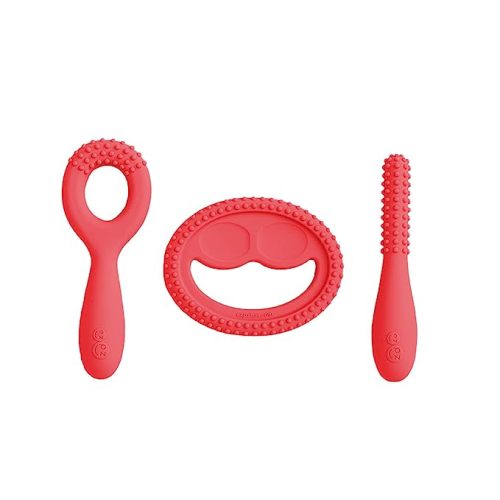 ezpz Oral Development Tools - 3 Months+ (3 Pack in Coral) - Non-Slip Loop, Smile and Stick, 100% Silicone Tools to Practice Feeding + Chewing - Sensory Bumps - Dishwasher Safe