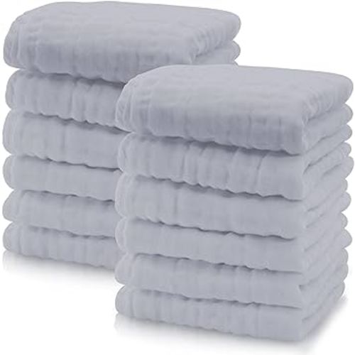 Cute Castle 12 Pack Muslin Baby Washcloths - Large 12'' by 12'' - Ultra Soft 100% Cotton - Super Absorbent Burp Cloths for Unisex, Boy, Girl -Slate