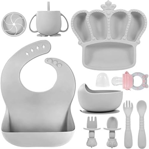 Silicone Baby Feeding Set 10 Pcs Baby Led Weaning Supplies Suction Bowl Divided Plate Baby Bibs Fruit feeder Pacifier Baby Spoons Forks Sippy Cup Utensil Sets Baby Essentials for Newborn Grey