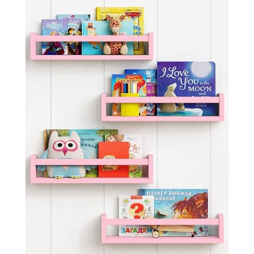 Forbena Pink Floating Shelves for Wall, Aesthetic Wall Bookshelf for Girls Room Decor, Wood Nursery Bookshelves for Toddler Kids Bedroom Book and Toy Storage Organizer (Set of 4, Pink)