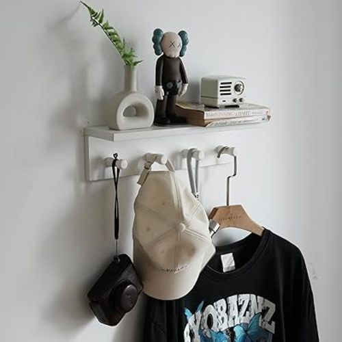 Entrance Coat Rack ，Coat Hooks, Wall-Mounted Wooden Hook Rack, Wall-Mounted Shelves are Very Suitable (White Color Finish—A-1)