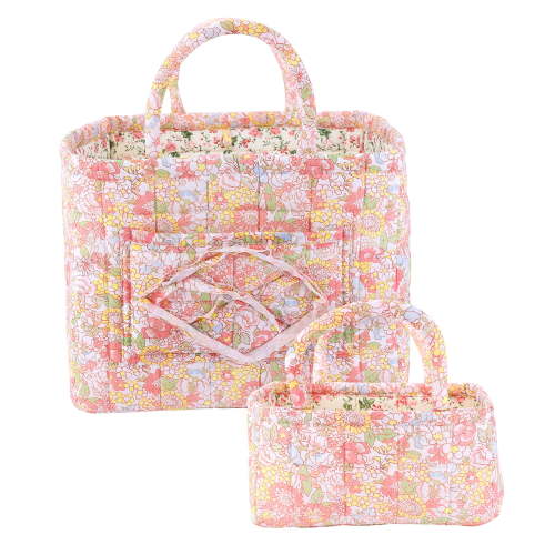 Yucurem 2-Pack Boho Fabric Storage Basket with Handles, Large Capacity Foldable Floral Organizer for Clothes and Sundries, Quilted Puffer Tote Bag for Home, Picnic, Shopping, Travel