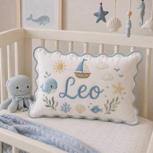Personalised Under the Sea Name Cushion, Custom Embroidered Ocean Nursery Pillow, Starfish Whale Nautical Kids Room Decor, Baby Gift