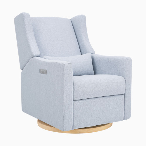 babyletto Kiwi Electronic Recliner and Swivel Glider - Performance Blue Chambray Eco-Twill With Light Wood Base