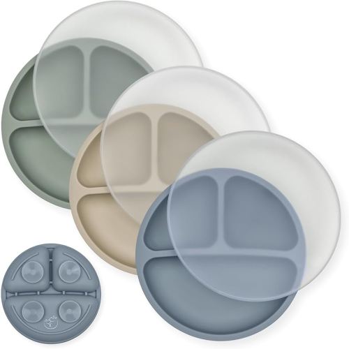 Hippypotamus Toddler Plates with Suction - 100% Food-Grade Silicone Baby Plates with Lids - Microwave & Dishwasher Safe - BPA Free - Set of 3 (Fog/Nude/Sage with LIDS)