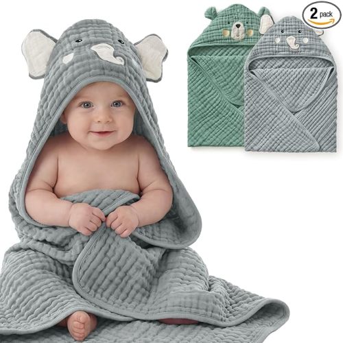 Blissful Diary Muslin Baby Hooded Towel 2 Pack, Soft & Absorbent Bath Towel for Infant, Toddler, Unisex, Baby Gift, Newborn Essentials, Smart Bear & Wise Elephant