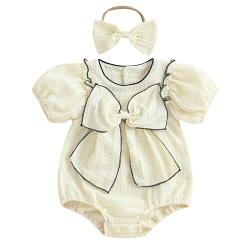 Newborn Infant Baby Girl Summer Clothes Cotton Linen Short Sleeve Bubble Romper Bow Bodysuit with Headband