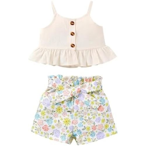Kucnuzki Toddler Baby Girl Clothes Summer Outfits Ruffle Sleeveless Linen Shirt Kid Short Set for Girl