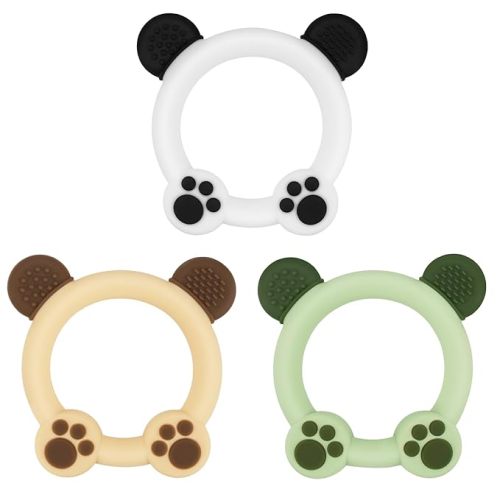 3 Pack Baby Teether, Bear-Shaped Silicone Teething Toys for Infants 0-24 Months, BPA-Free Chew Toys to Soothe Sore Gums (White & Green & Yellow)