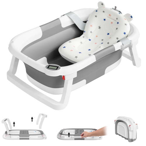 Tumajup Collapsible Baby Bathtub with Soft Bath Cushion&Thermometer Gray