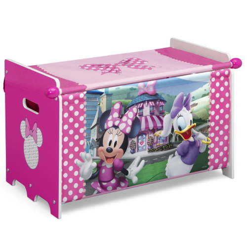 Disney Minnie Mouse Toy Box with Retractable Fabric Top, Pink, Wooden Storage Bin for Kids