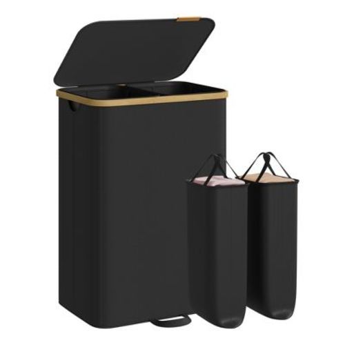 SONGMICS Laundry Hamper, Laundry Sorter with Lid, Storage Basket Bin, Removable Liners, Bamboo Frame, 2 Sections, 39.6 Gal. (150 L), Ink Black