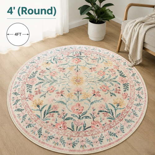 Boho Light Pink Round Rug 4ft, Washable Small Circle Carpet for Bedroom Kids, Pink and Green Nursery Decor, Soft Non-Slip Round Carpet for Sunroom, Blush
