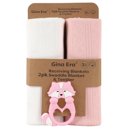 Gina Era Knit Baby Receiving Blankets, Soft Lightweight Cozy Swadde Blanket for Newborns, Unisex Baby Blanket, 2 Pack 30 X 40 Inch for Girl (Pink)