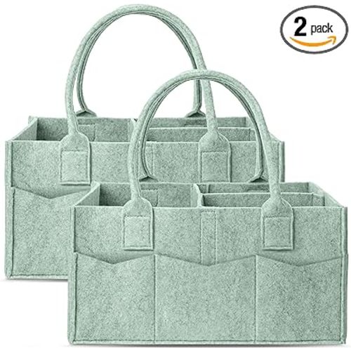 Cute Castle 2 Pack Diaper Caddy Organizer - Portable Baby Caddy Organizer with Handle, Nursery Storage Bin and Car Organizer for Girls, Boys - Baby Gift Basket - Green, Large
