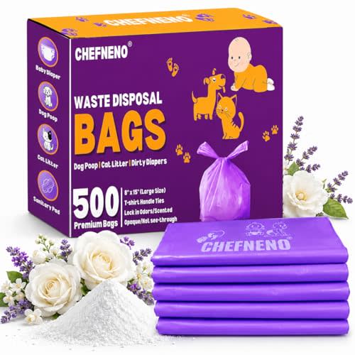 Disposable Baby Diaper Bags (500 Bags) Fresh Powder Scented Easy Tie Handles Diaper Disposable Sacks Dog Poop Bags Cat Litter Waste Bags (Fresh Powder, 500 ct.)