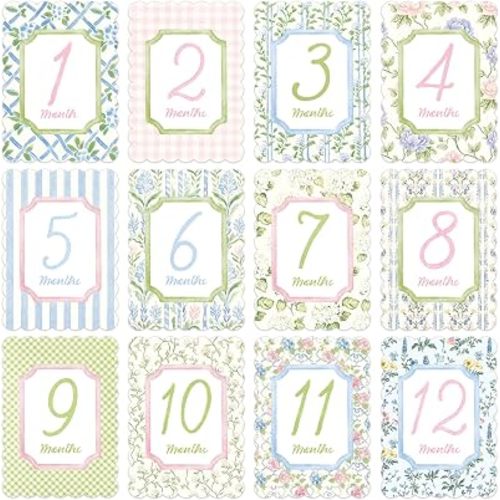 12 Pcs Baby Monthly Milestone Cards, First Holiday Newborn Sign for Baby Shower, Floral 1-12 Monthly Milestone Cards Pastel First Year Photo Props for Boys Girls, 12 Designs 5 x 7 Inch